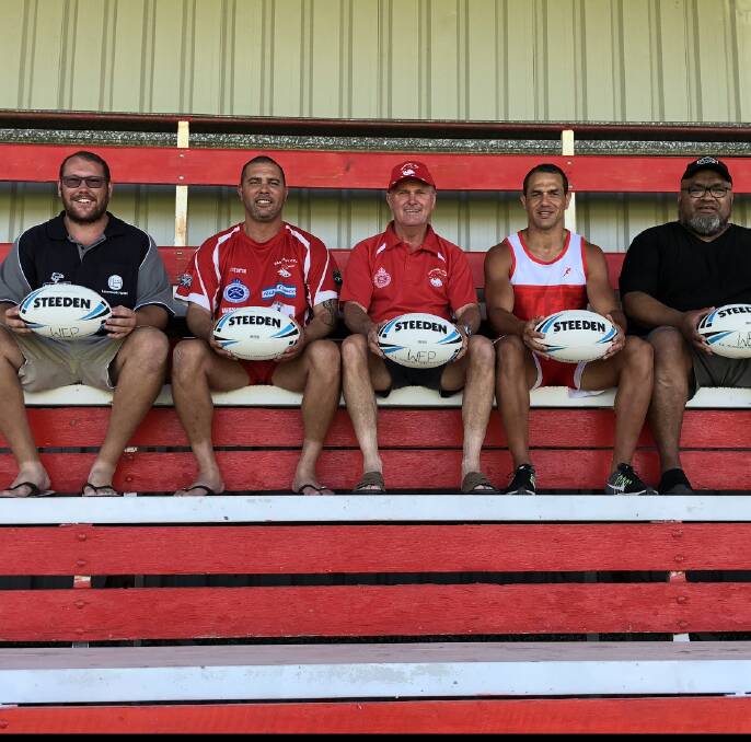 READY TO GO: Narromine Jets president Archie Harding (centre) and the club's coaching staff, who have all been confirmed for the 2018 Group 11 season. Photo: CONTRIBUTED