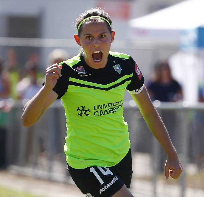 GOALS GALORE: Dubbo product Ash Sykes celebrates one of her four goals for Canberra United against Perth Glory during the weekend's round of W-League action. Photo: GETTY IMAGES