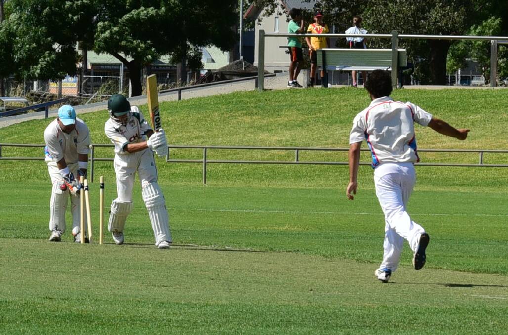 RATTLED HIS CAGE: While Brock Larance was clean bowled by Nick Karydis, he still managed to top score with 39 and help his CYMS side to an important 20-run Whitney Cup win over Rugby. Photo: PAIGE WILLIAMS