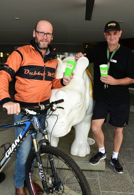 On track: Dubbo MTB president Craig Arms and Boost Juice's Craig Petrie have joined together to ensure a succesful Evocities event. Photo: BELINDA SOOLE