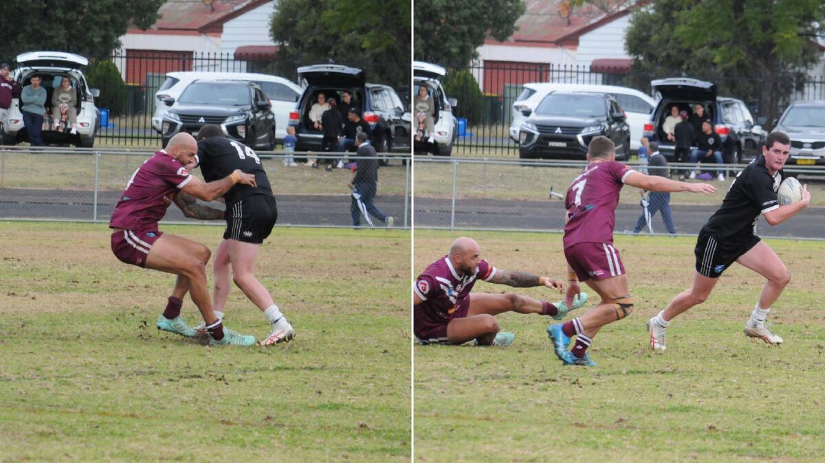 Blake Ferguson's attempted tackle on Mick Coady, left, and the result. Pictures by Nick Guthrie