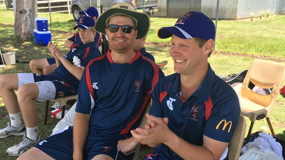 GOOD TIMES: Dubbo duo Mitch Bower (left) and Jordan Moran were enjoying things during Western's innings on Friday. Photo: HEIDI GIBSON