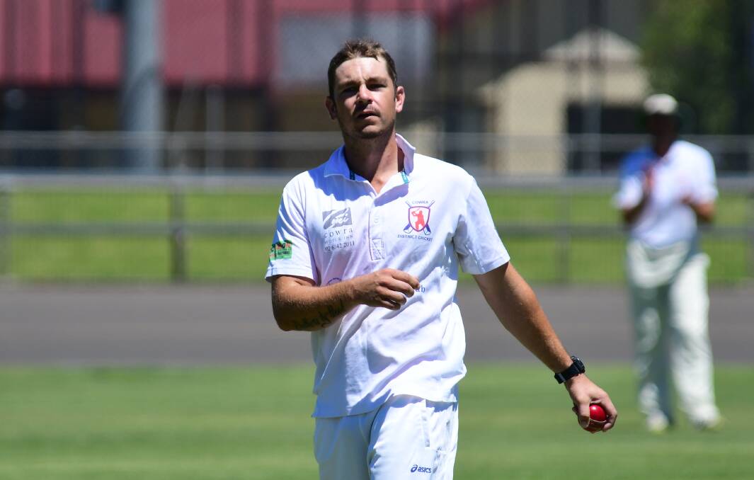 TOILING: Brendan Traves worked hard for Cowra, bowling his 10 overs straight into the breeze and finishing with 0/21. Photo: BELINDA SOOLE