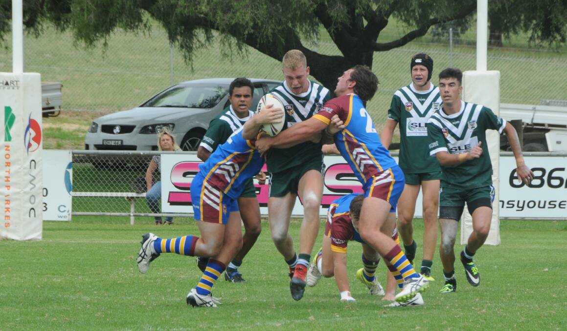 CHARGE: The powerful Luke Gale, pictured in action for the Western Rams under-18s, will line up at centre for Macquarie against Parkes on Sunday. Photo: NICK GUTHRIE