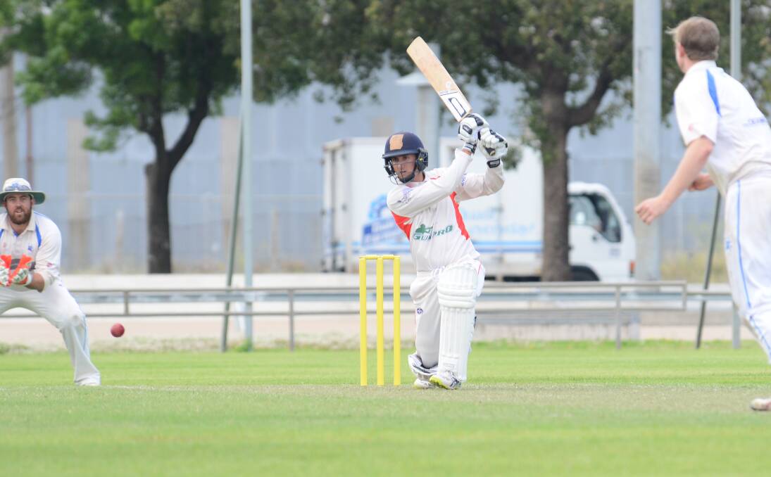 WHACK: Marty Jeffrey gets low and drives well through the off-side during his innings-best knock of 73 for an RSL-Colts side which batted for all of day one against Macquarie in the RSL-Whitney Cup. Photo: PAIGE WILLIAMS