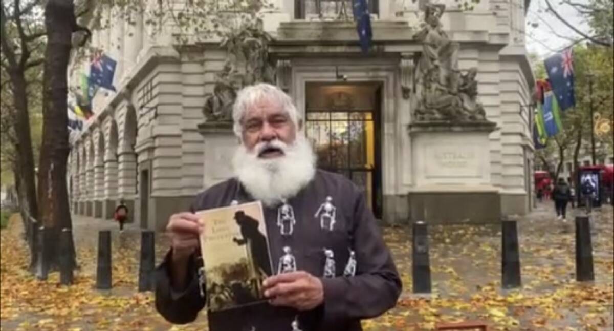 Dubbo's Indigenous elder Joe Flick standing outside Australia House at The Strand in London UK on Thursday, 17 November 2022. Picture Supplied