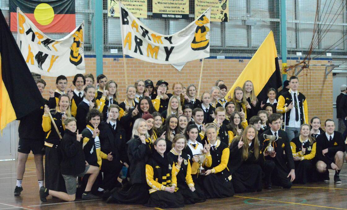 Winners are grinners: Orange High School students celebrate their Astley Cup win during Friday's assembly. Photo: MATT FINDLAY