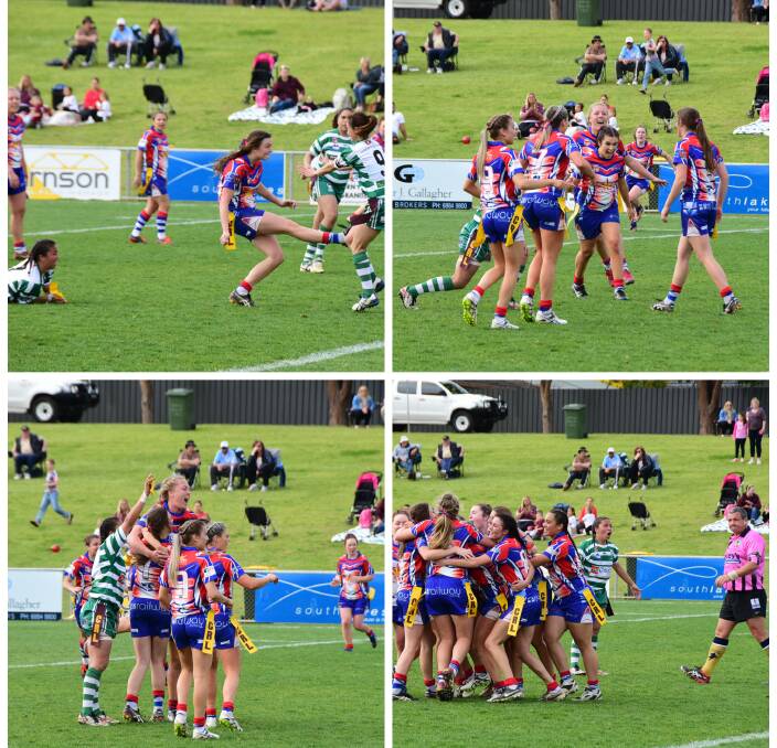 DRAMA: (clockwise from top left) Claire Barber kicks despite Kimberlee Gordon (left) appearing to hold a tag, Barber's left hip clearly shown without a tag, Gordon holds the tag as Parkes cheer, and referee McKechnie ignores complaints.