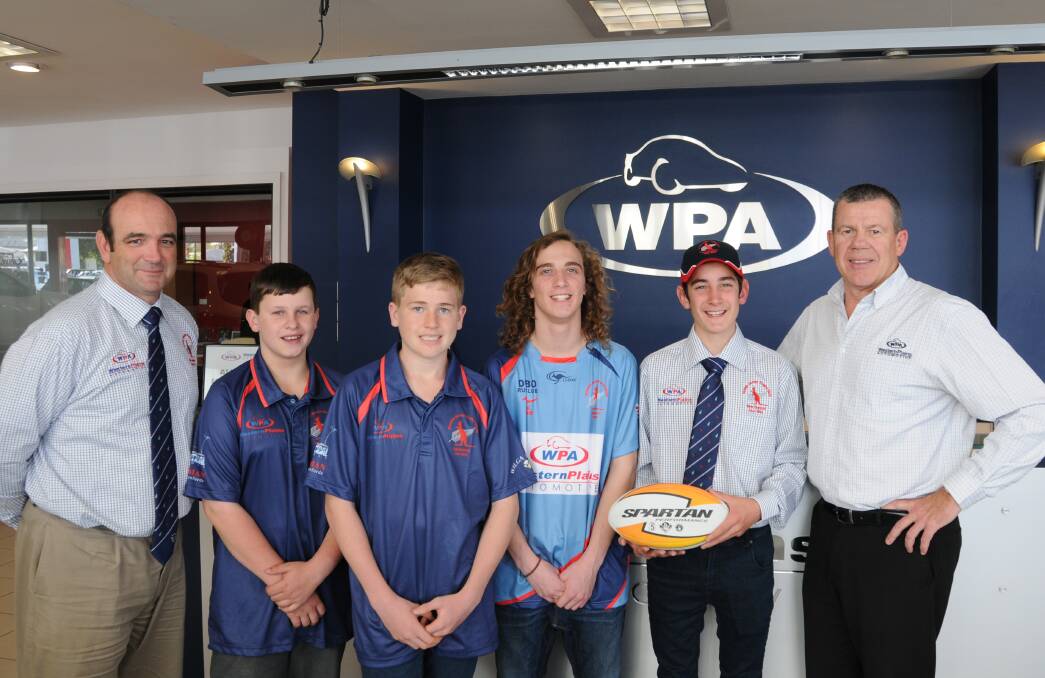 READY: Dubbo Kangaroos' Rob Exner with juniors Guy Harris, Jack Isbester, Harry Connell, Zac Exner and Western Plains Automotive's Greg Brimble. Photo: NICK GUTHRIE