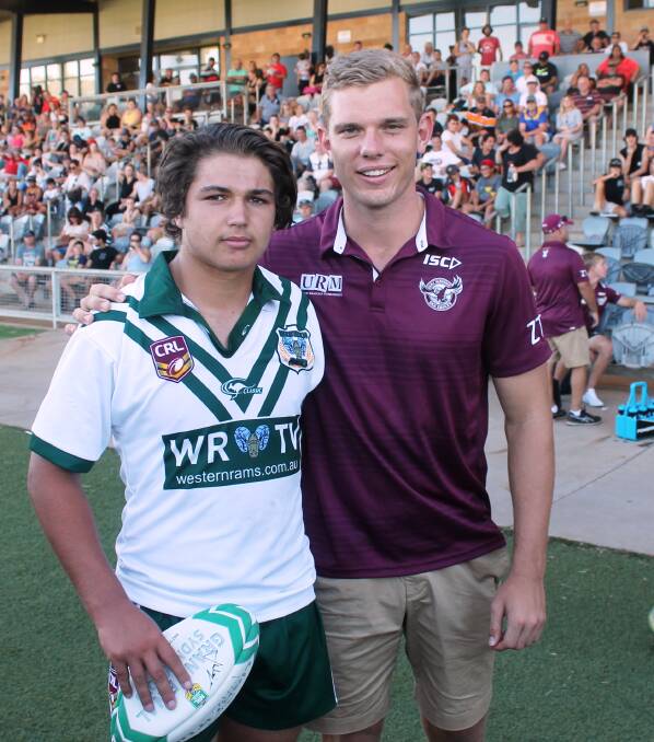 WEST'S BEST: Local talent James 'Busta' Nelson, pictured with Manly's NRL winger Tom Trbojevic, was Western's best during Saturday's loss to the Sea Eagles. Photo: PETER CLARKE/CRL