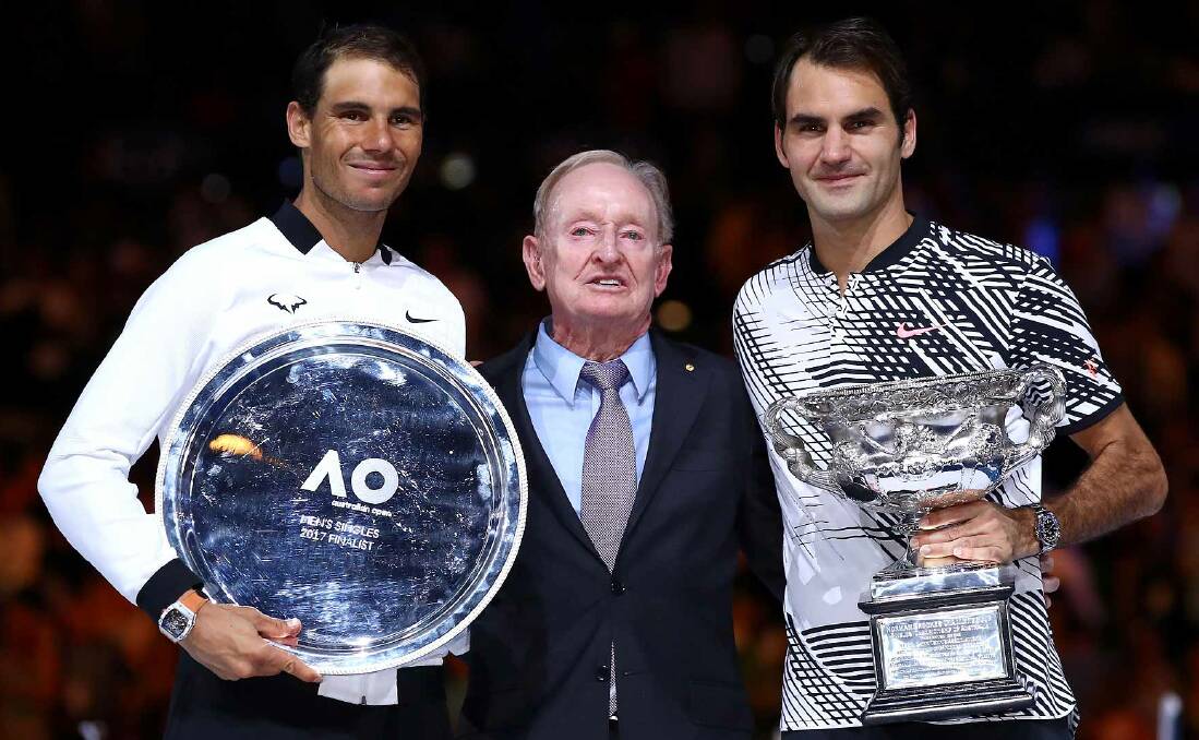 CHAMPIONS: Rafa Nadal, Rod Laver and Roger Federer, all three can lay claim to being the best tennis players ever. 