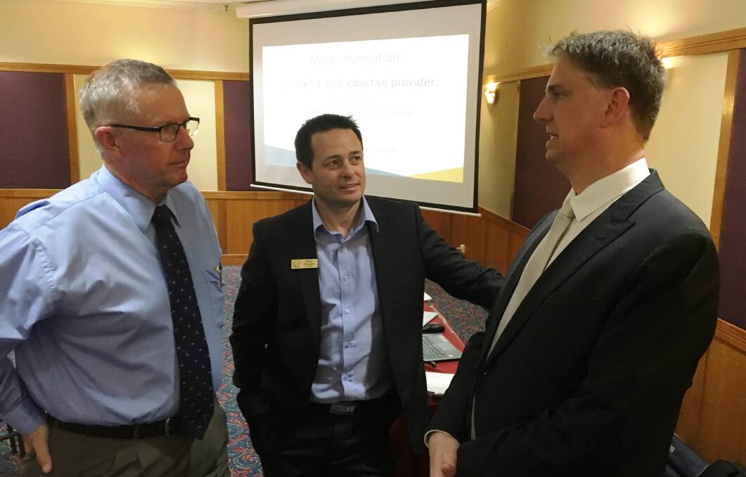 Tackling unemployment: Parkes MP Mark Coulton, Dubbo Chamber of Commerce president Matt Wright and the Department of Employment's Tim Gore at the PaTH seminar on Tuesday night. Photo: CONTRIBUTED
