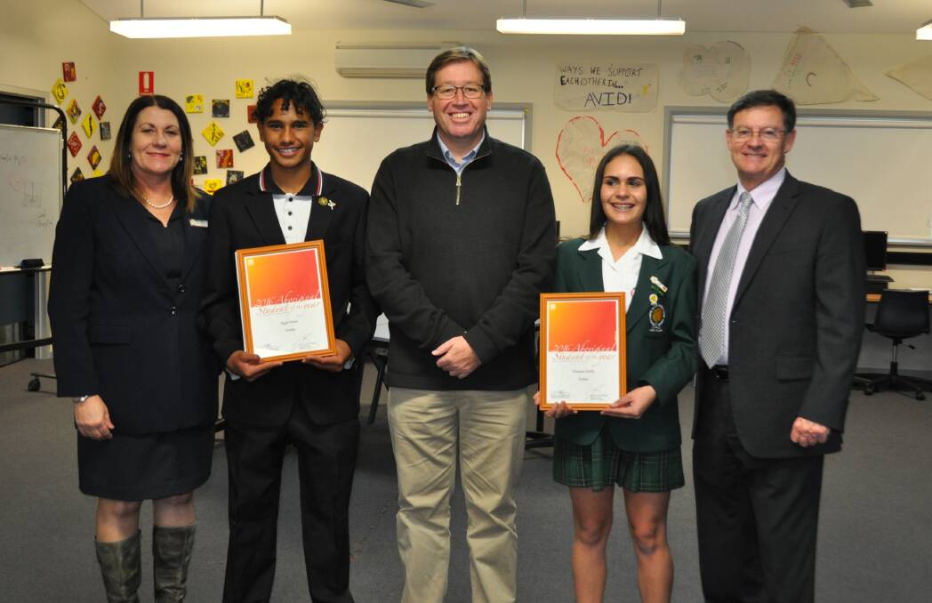 DESERVING WINNERS: Debbie Head (Dubbo College Delroy Campus principal) , Ngali Shaw, Troy Grant, Chelsea Watts and Ross Gorrie (Dubbo College South Campus principal). Photo: CONTRIBUTED