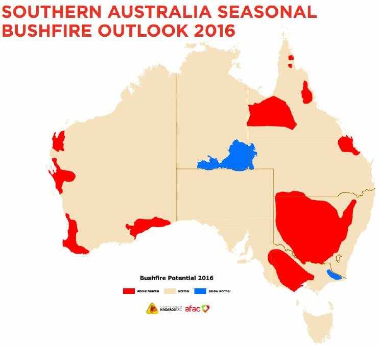 A map of where the greatest bushfire dangers are shaping up to be. Photo: BUSHFIRE AND NATURAL HAZARD COOPERATIVE RESEARCH CENTRE