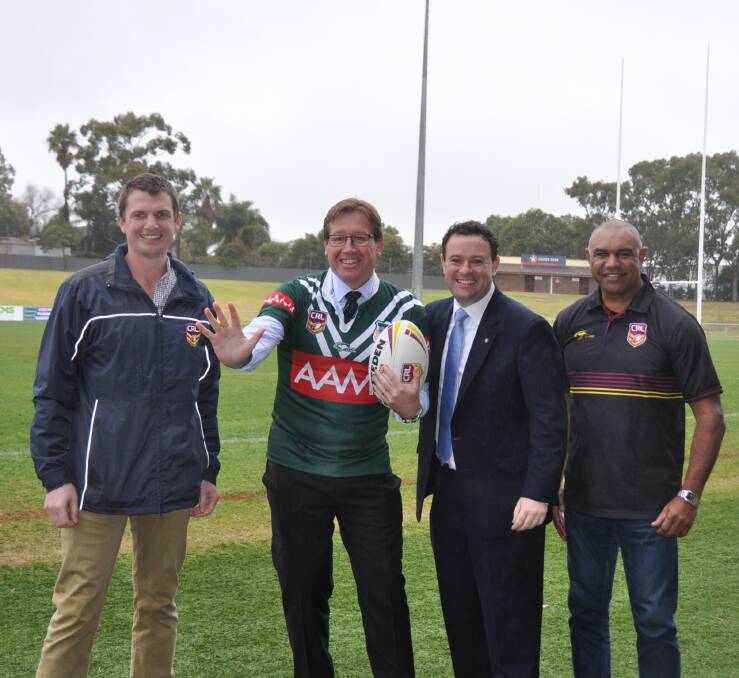 Funding boost: Western Rams representatives Peter Clarke and Ricky Walford (left and right) with Troy Grant and Stuart Ayres. Photo: Contributed
