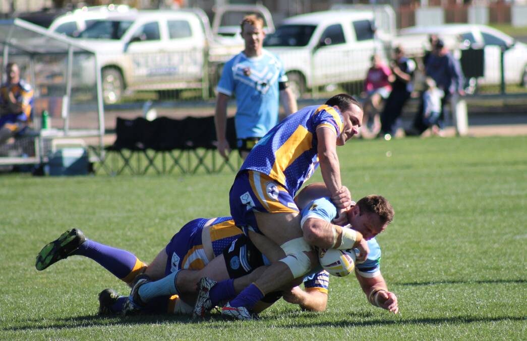 TRY TIME: Kurt Gudgeon crashes over for the Gulgong Terriers against Coonabarabran. They are now into the preliminary final. Photo: MUDGEE GUARDIAN