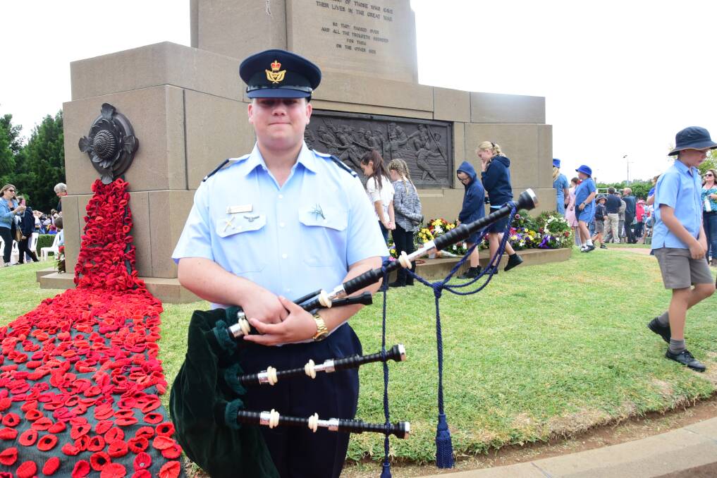 Australian Air Force Cadet Warrant Officer Geordie Catto performed at Dubbo's Anzac Day commemorative service. Photo: PAIGE WILLIAMS