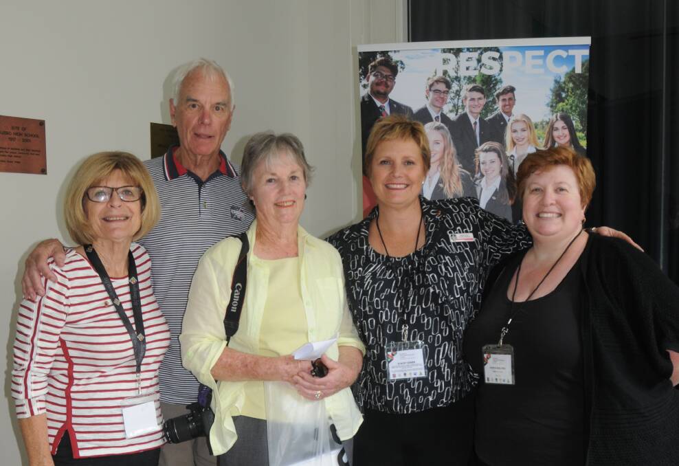 Let the celebrations begin: Bindyi Club president Jill McCann, Robert and Penny Dews, Dubbo College principal Stacey Exner and teacher Kerrie Walters gather for the Centenary of Public High School Education in Dubbo. Photo: Mark Rayner. 