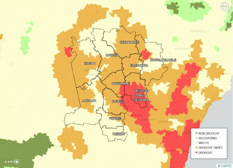 Concerning: A new NSW Department of Primary Industries system indicates drought has taken hold of a large part of Dubbo Regional Council and part of Narromine Shire Council, while other areas of the Central West zone are classed as 'drought onset' or 'watch'. 