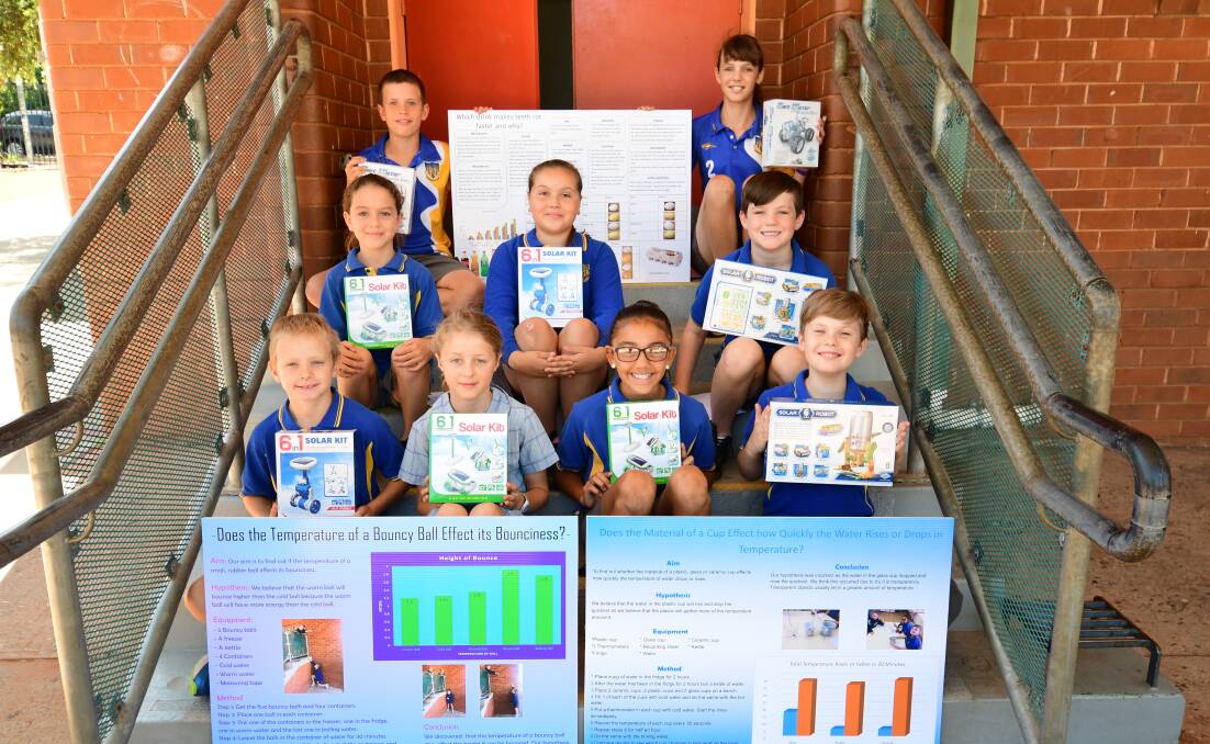Top effort: (back) Dubbo South Public School Year 6 students Joel Barker and Jessica Hall, Lacey Fieldsend (Year 3), Latiah McCmillan (Year 4) and Sonny Palin (Year 3), Owen Cuthill (Year 3) and Year 4 students Ollie Druitt, Millie Sutcliffe and Ethan Leece with their posters. Photo: BELINDA SOOLE