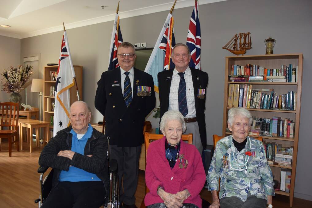 Remembrance: (Back) Dubbo RSL Sub-Branch president Tom Gray, World War II veteran Ray Winslow, (front) World War II veterans Victor Wood, Dorothy Robinson and Enid Young at the service at Orana Gardens. Photo: FAYE WHEELER