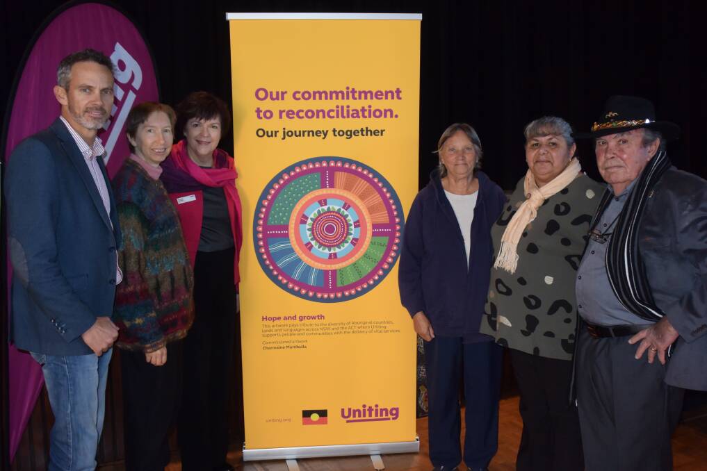 Uniting's Gavin Mate, Uniting Church lay minister Carolyn Sharp, Uniting executive director Tracey Burton, local elder Aunty Margaret Walker, Uniting head of western NSW Pam Wells and Uniting Aboriginal advocate Uncle Ray McMinn at the launch. Photo: FAYE WHEELER