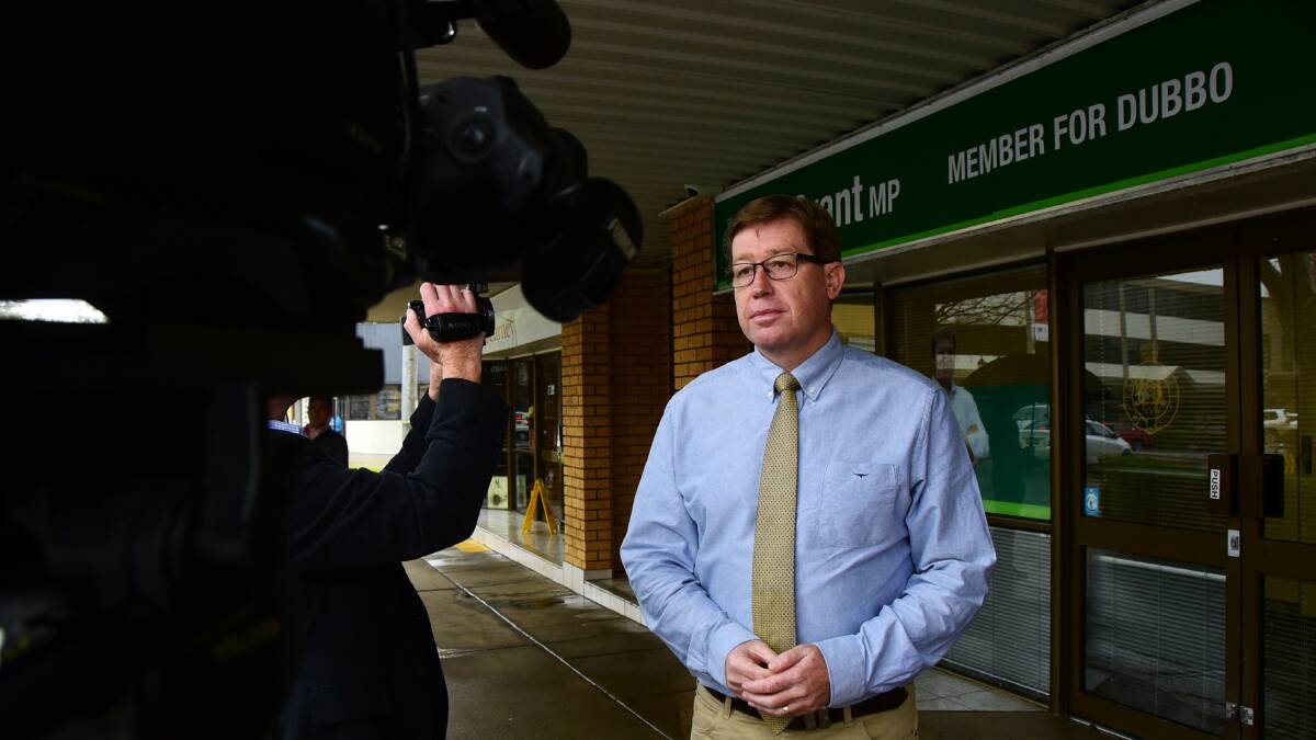 Deputy Premier Troy Grant speaking from his electorate office at Dubbo this week about the greyhounds issue. Photo: BELINDA SOOLE