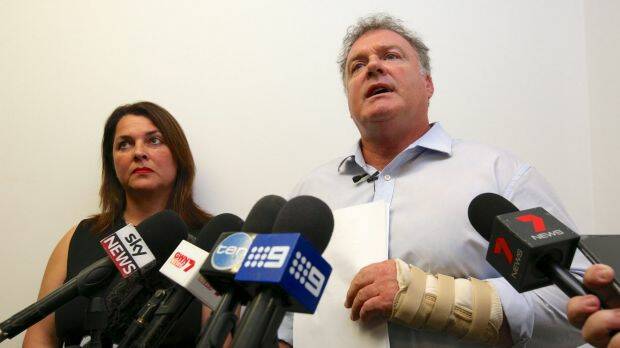 Senator Rod Culleton holds a press conference with his wife Ioanna Culleton - the former One Nation senator was involved in a scuffle outside a Perth court this week. Photo: Richard Wainwright.