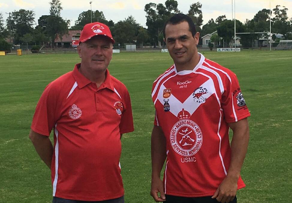 Narromine Jets Senior Rugby League Club president Archie Harding with newly-appointed first grade captain-coach Wes Middleton. Photo: NARROMINE JETS FACEBOOK