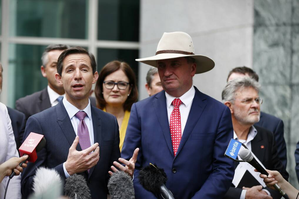 Minister for Education and Training Simon Birmingham and Deputy Prime Minister Barnaby Joyce address the media at Parliament House last week. Photo: ALEX ELLINGHAUSEN