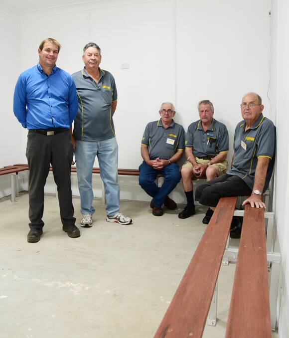 PAYING IT FORWARD: Council's manager sporting facilities Wes Giddings, Phil Knight, Robert Pfeiffer, Dubbo Community Men's Shed chairman Kevin Sinclair and Bob Boys. Photo: BELINDA SOOLE