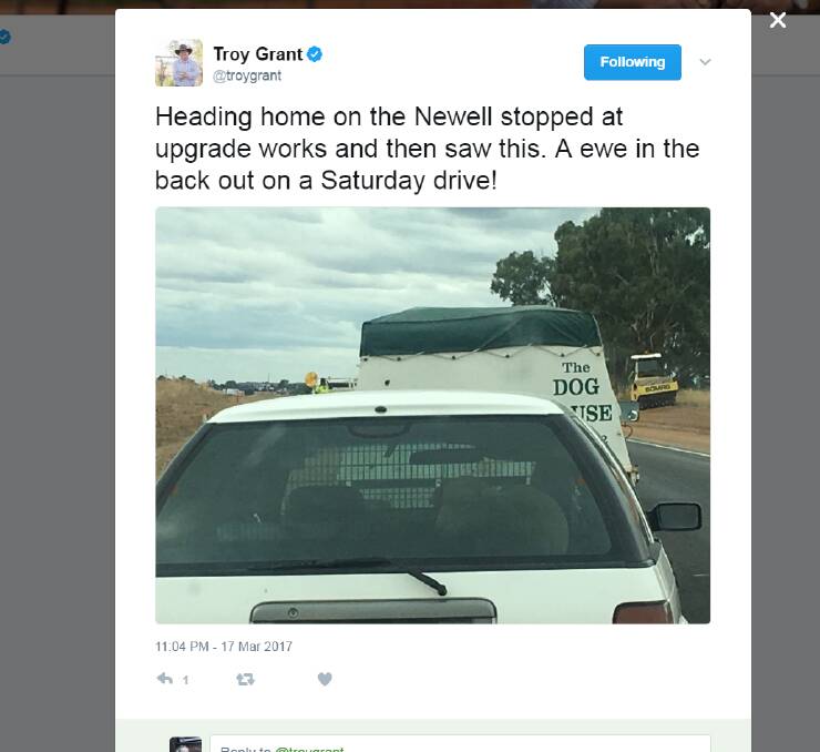 The photo which has cost Troy Grant $325 and four demerit points.