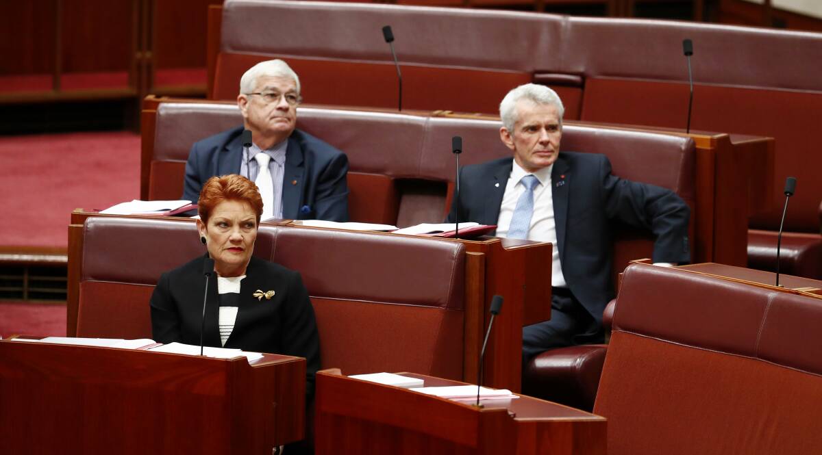 One Nation senators Pauline Hanson, Brian Burston and Malcolm Roberts at Parliament House last month. Photo: Alex Ellinghausen