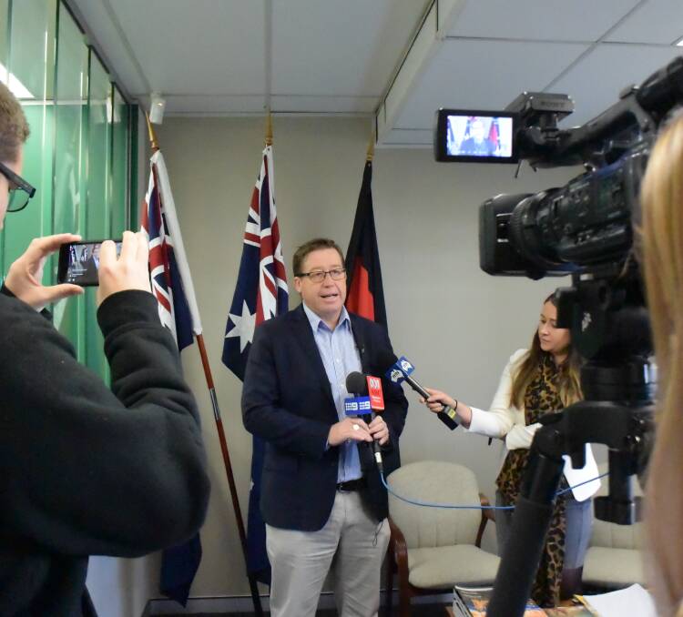 Troy Grant addresses the media in his Dubbo office. Photo: JENNIFER HOAR