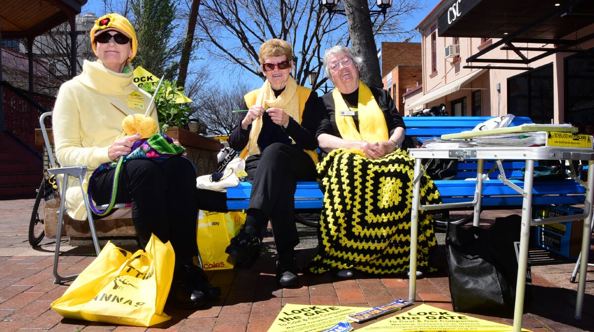 The 'knit-in' continues: Knitting Nannas Sally Forsstrom, Margaret Evans and Shirley Colless continue their campaign against coal seam gas. Photo: BELINDA SOOLE