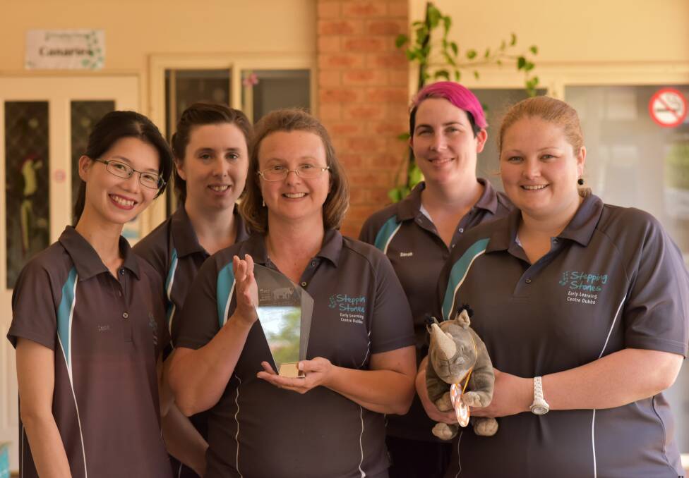 Steps to sustainability: Sophie, Alice, Bronwyn, Sarah and Renee from Stepping Stones Early Learning Centre with their Green Rhino award. Photo: Supplied