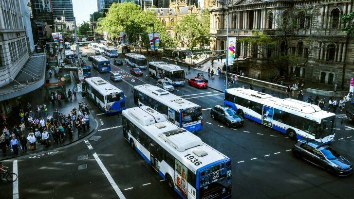 Buses along George Street, Sydney, on Friday, the last business day before the road closed for light rail construction.
 Photo: Brendan Esposito