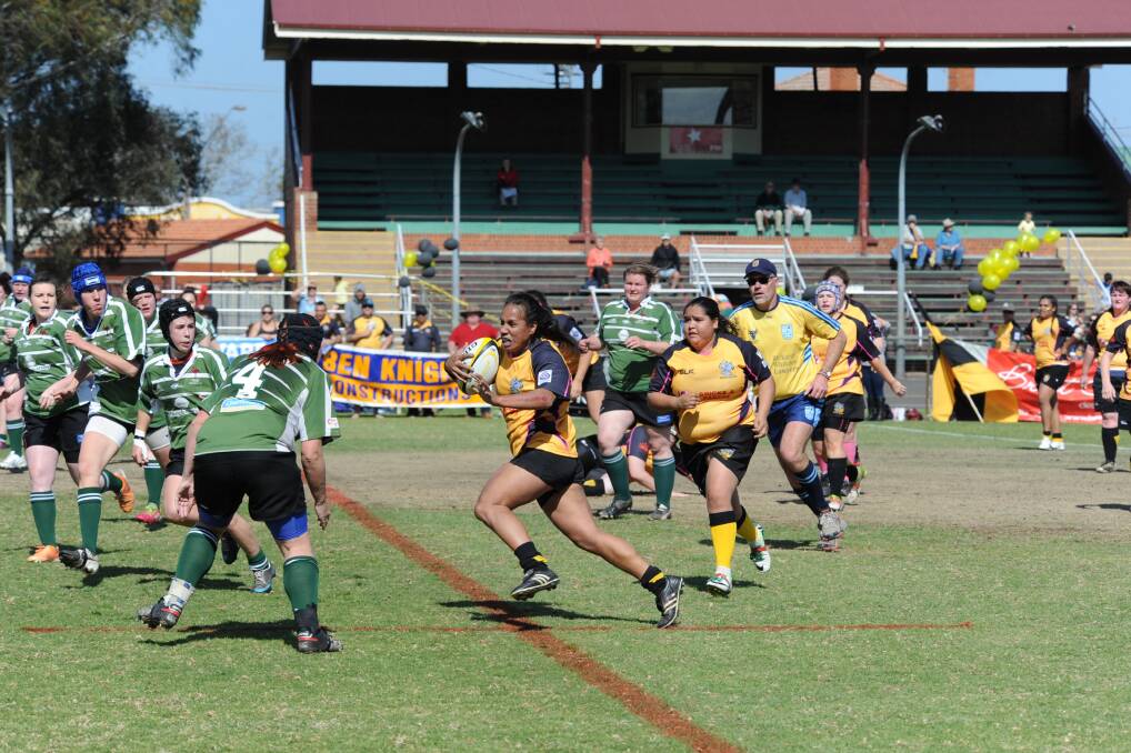 Tash Watts-Tehiko in action for the Dubbo Rhinos Sheilas during their Blowes Clothing Cup grand final win last season. Her fine form has continued in 2015.													         Photo: BELINDA SOOLE