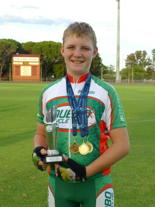 Dylan Eather with his three gold medals and the Jackson Pascoe Memorial Trophy at the recent State Championships at Dubbo. 				         Photo: CONTRIBUTED