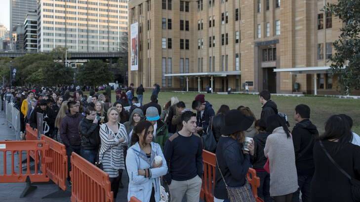 Hundreds of people queue outside the MCA in The Rocks to enter the Game Of Thrones exhibition. Photo: James Brickwood