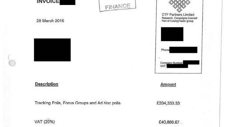 A CTF invoice sent to the Conservatives in the run up to the 2015 election. Photo: Supplied