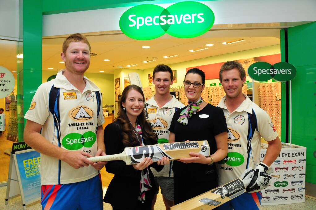 Dubbo cricketers Mitch Bower, Ben Patterson and Jordan Moran with Yvonne Gilmour and Claire Gillham from new sponsors, Specsavers.  
Photo: Greg Keen