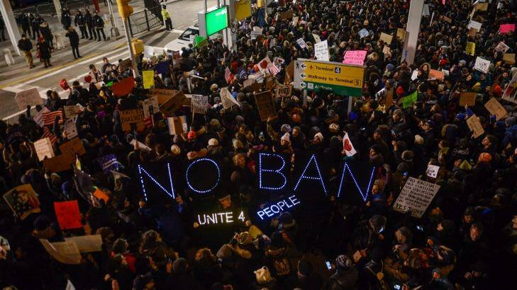 Thousands protest against the Muslim immigration ban at John F. Kennedy International Airport on January 28, 2017 in New York City.  Photo: Stephanie Keith