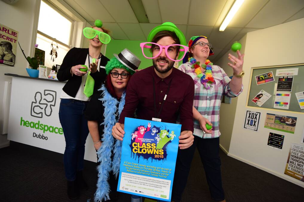Headspace employees Jess Woodley, Rachel Thomas, Paul Rich and Annie Hartley clowing around yesterday in the lead up to their Class Clown Workshop later this month. 
										               Photo: Belinda Soole