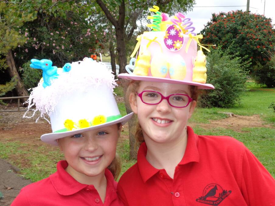 WONGARBON PUBLIC SCHOOL EASTER HAT PARADE: Amarnie Taylor and Lauren Priddis. Photo Contributed