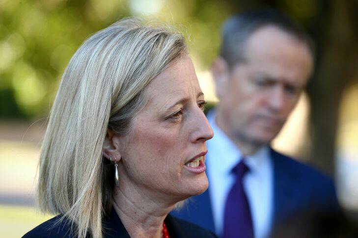 Senator Katy Gallagher and Opposition Leader Bill Shorten during an announcement on Labor's gender equality policies.
Election 2016 on Opposition Leader Bill Shorten's campaign. Photo: Alex Ellinghausen Saturday 11 June 2016.