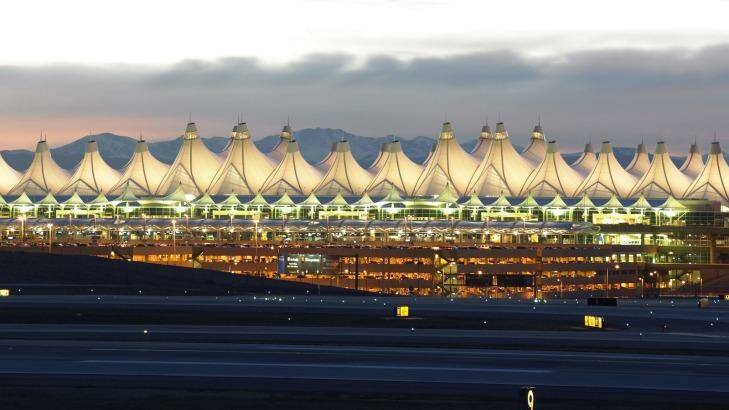 Denver airport, pitched like a row of teepees against the Rocky Mountains.