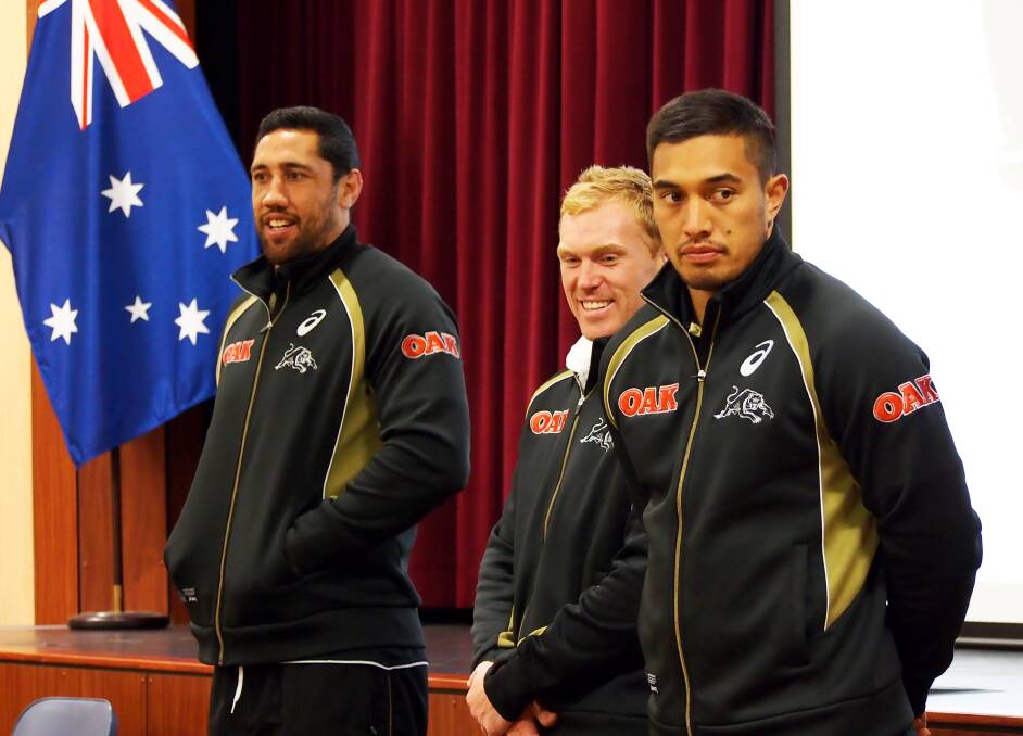 Penrith Panthers players Brent Kite, Peter Wallace and Dean Whare at a school event during the week. The success of tomorrow s NRL fixture at Bathurst will be keenly observed by Group 11 officials.