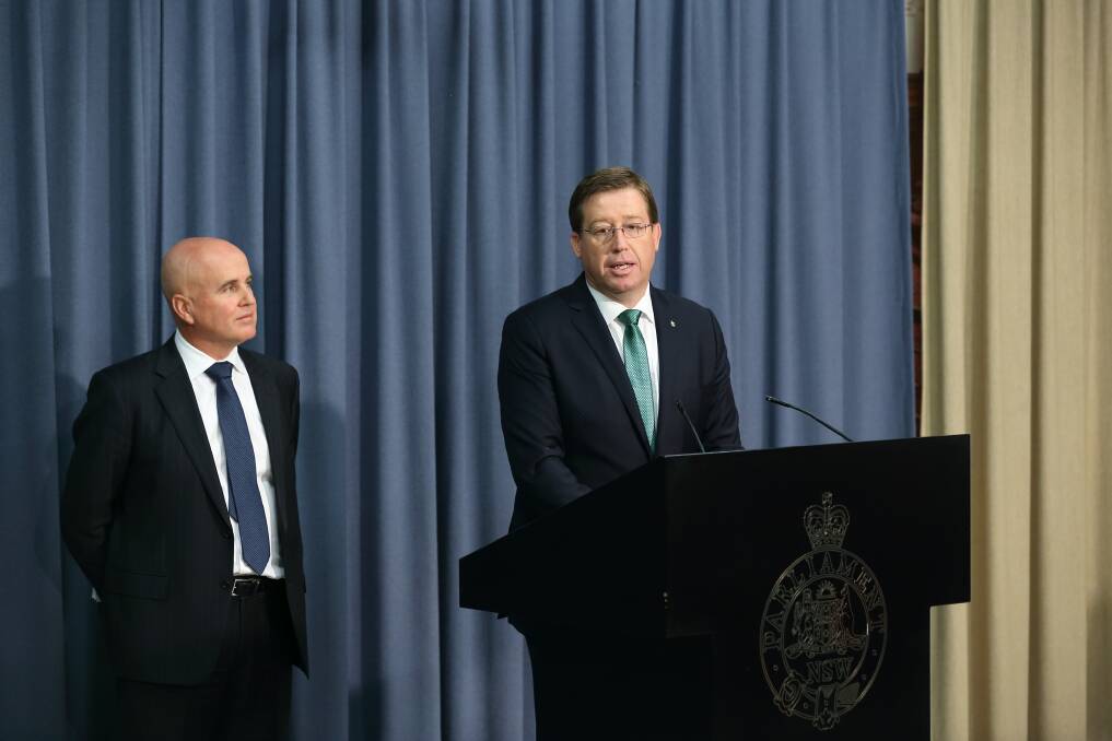 Member for Dubbo Troy Grant speaking to the media in Sydney as he accepts the positions of NSW National Party leader and Deputy Premier. Deputy Nationals leader Adrian Piccoli looks on. Photo: CONTRIBUTED