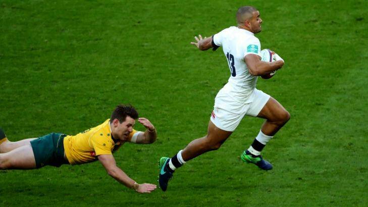 Jonathan Joseph scores his side's first try against the Wallabies. Photo: Warren Little